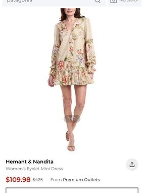 HEMANT & NANDITA Beige Floral Eyelet V-Neck Mini Dress